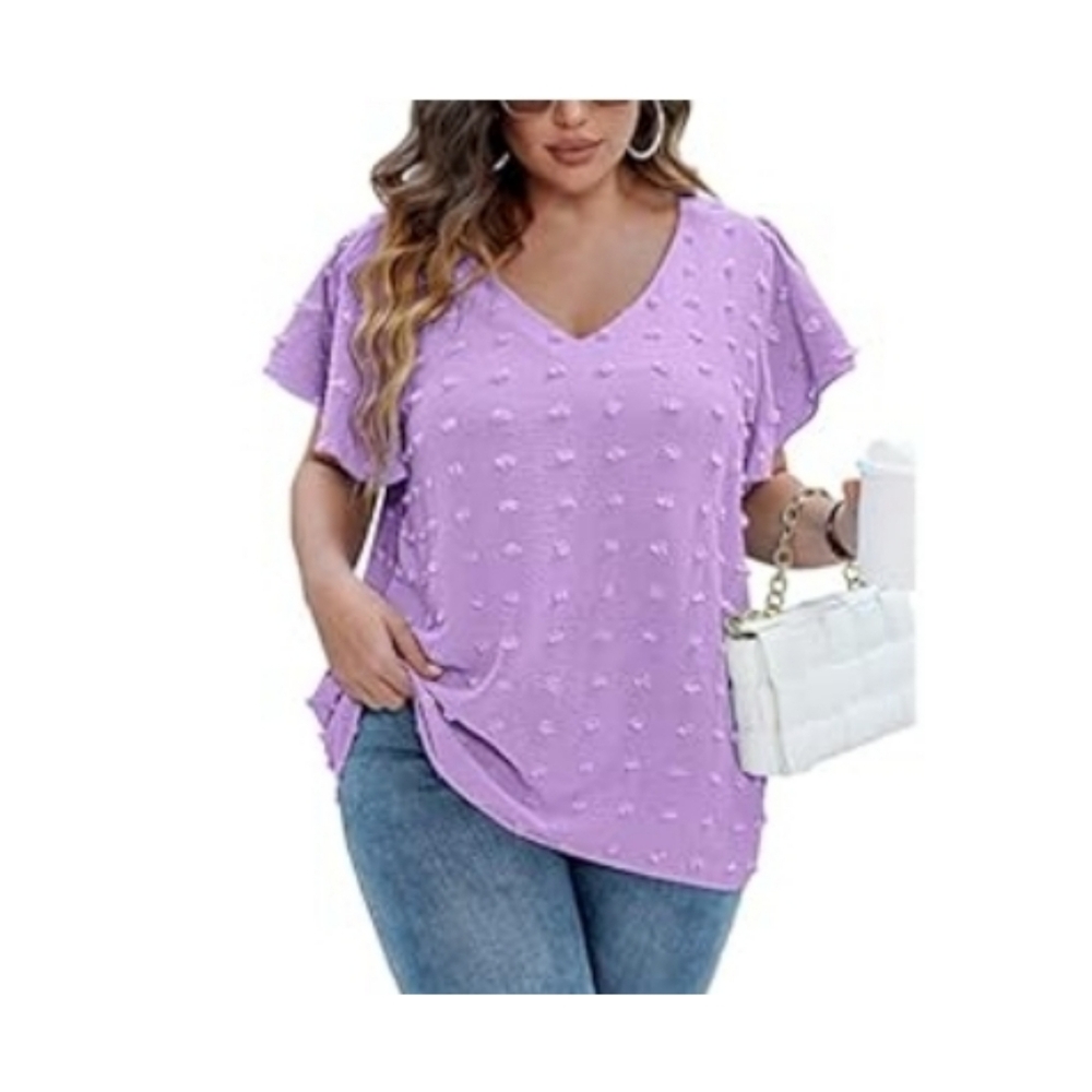 In'Voland Pom Pom Ruffle Sleeve Purple Blouse Top 20W